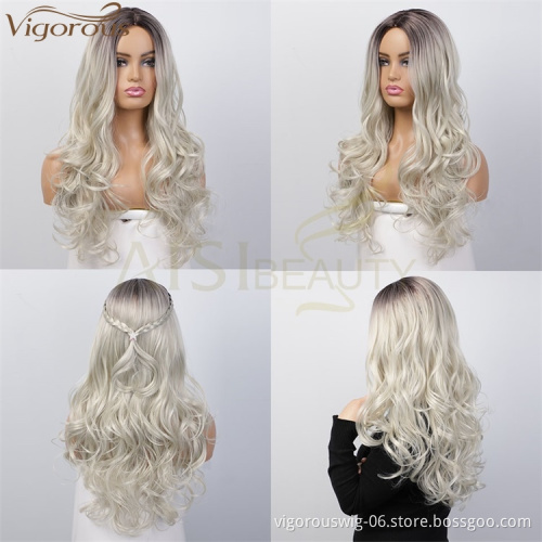 Vigorou Top Quality Long Ombre Gray Wavy Wigs Middle Part Synthetic Wigs For Black Women Heat Resistant Fiber Cosplay Party Wigs